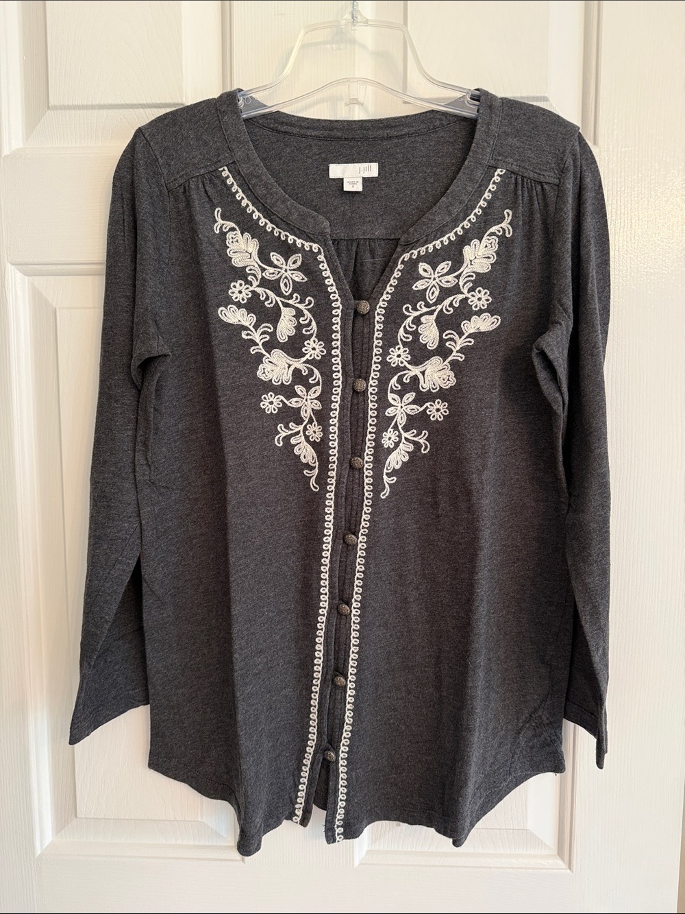 J. Jill Dark Charcoal Gray Long Sleeve Embroidered Knit Top